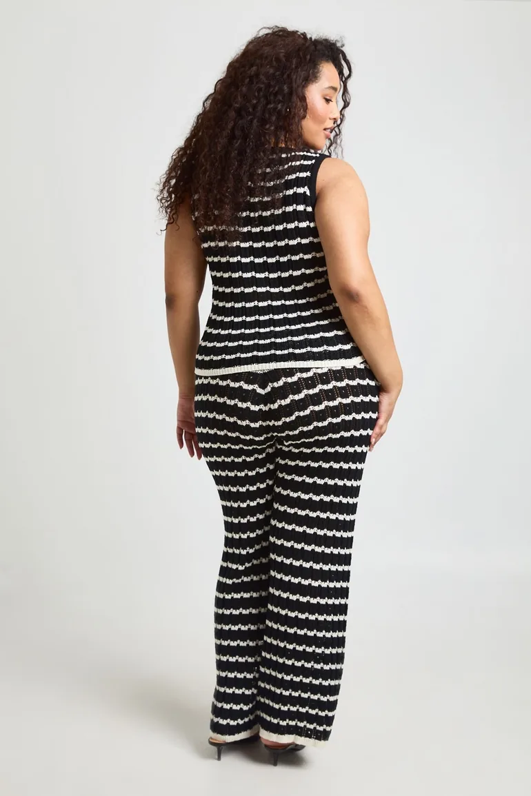 Plus Crochet Stripe Knit Top and Wide Leg Co-Ord - mono - 1