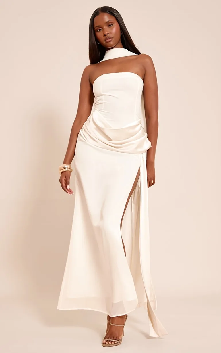 cream bandeau maxi dress Tia Linkar Women's Cream Textured Lined Bandeau Maxi Dress