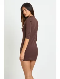 Basic 3/4 Sleeve V Neck Mini Dress - chocolate - 2