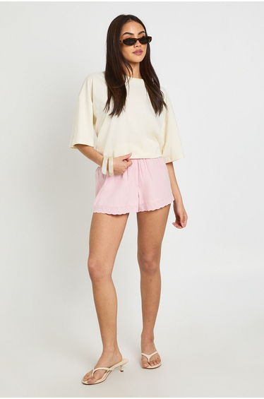 Poplin Broderie Trim Short - pink
