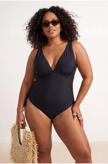 Black Side Gathered V-Neck Plus Size Swimsuit