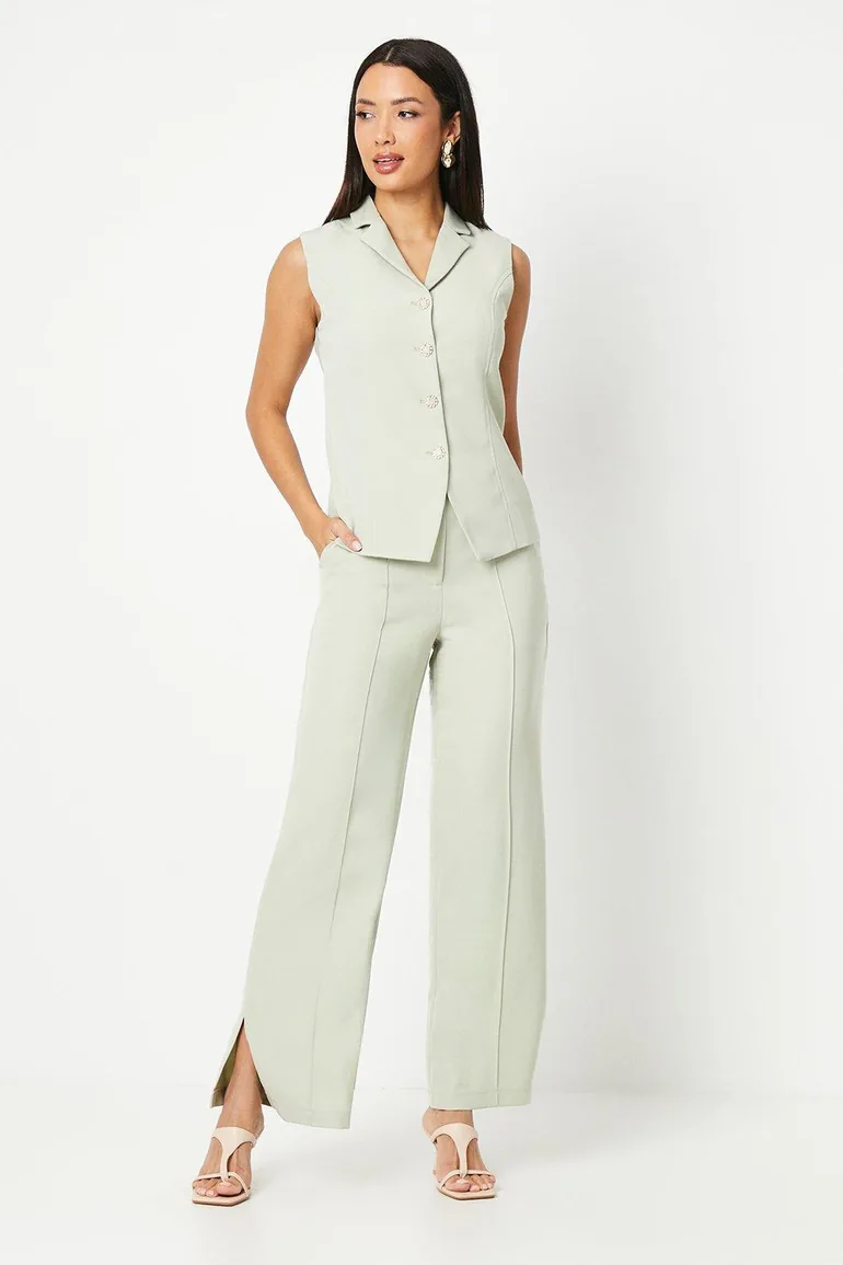Pintuck Front Straight Leg Trouser With Split - sage