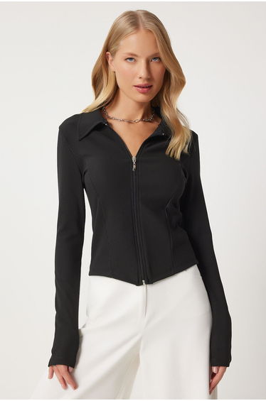 Women's Black Polo Collar Zippered Wrap Knitted Blouse