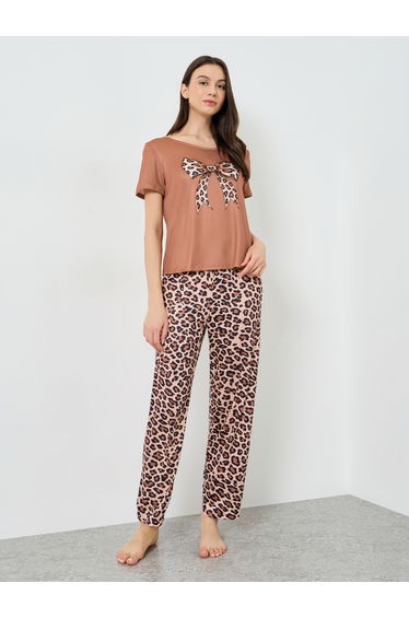 Brown Bow Print T-Shirt and Leopard Pyjama Set