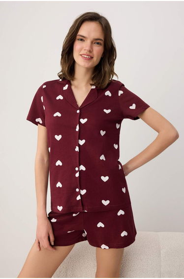 Burgundy 100% Cotton Heart Not Available 30/1 Openend Single Jersey Knitted Pajama Set