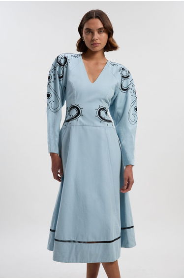 Baroque Embroidered Long Sleeve Twill Woven Midi Dress