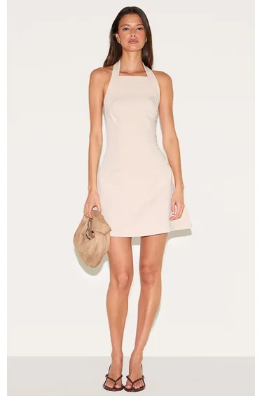 Cream Tailored Woven Halterneck A Line Dress