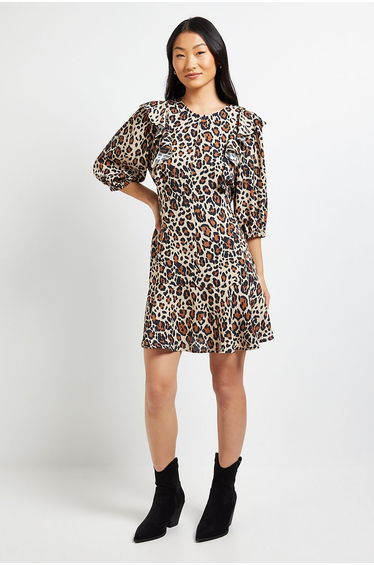 Petite Animal Lace Trim Tie Back Printed Mini Dress