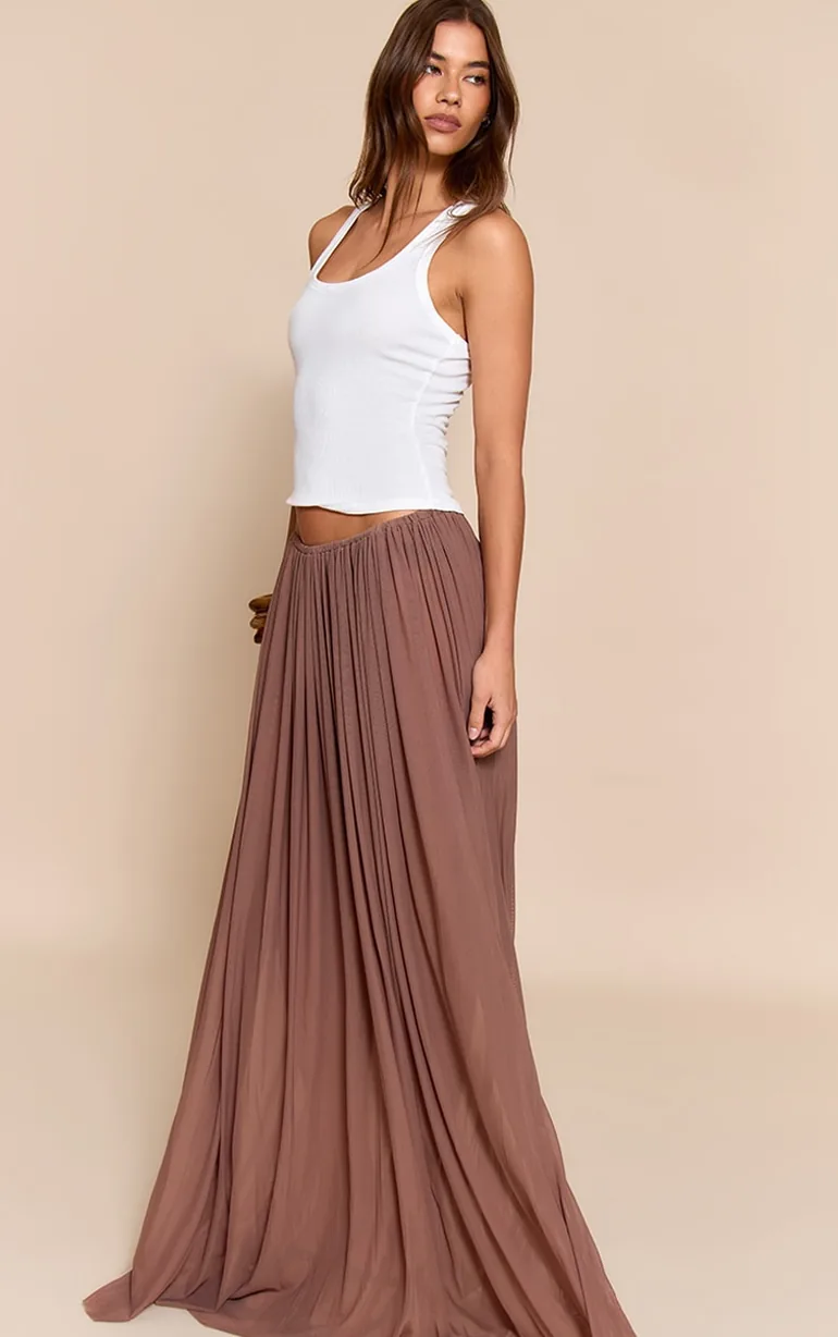 Brown Mesh Drape Maxi Skirt