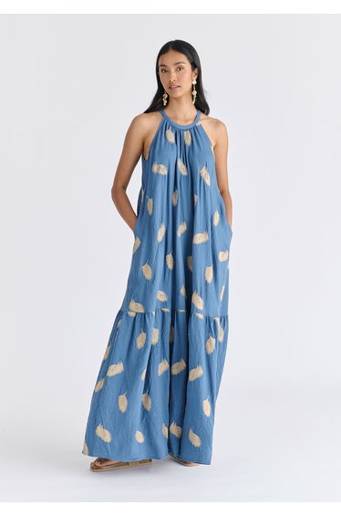 Leaf Embroidered Halterneck Maxi Dress
