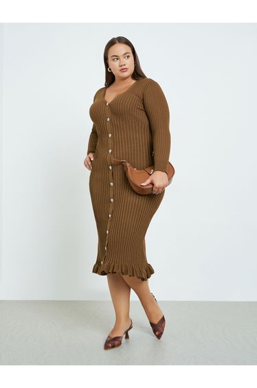 Plus Size Brown Ribbed Midi Dress