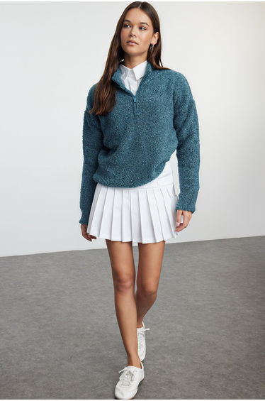 Blue Boucle Yarn Zippered High Collar Knitwear Sweater
