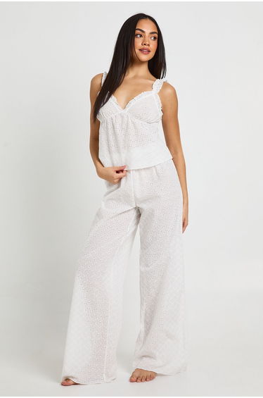 Broderie Frill Detail Cami & Trouser Pyjama Set - white