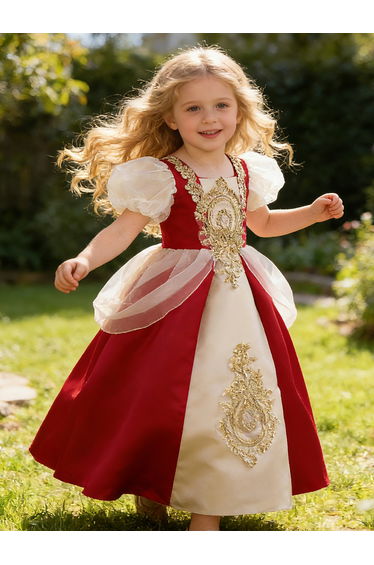 Red Puff Sleeve Embroidered Dress