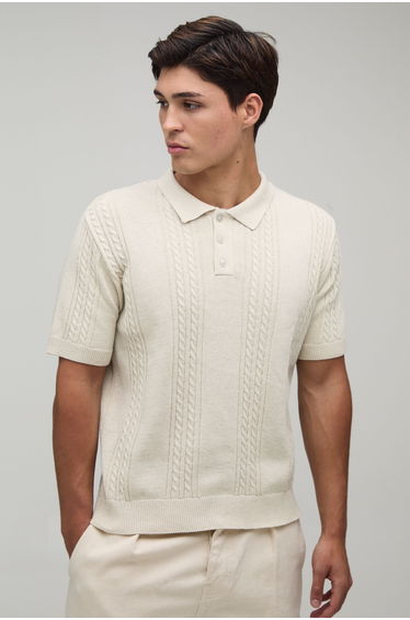 Regular Fit Cotton Blend Cable Knitted Polo - stone