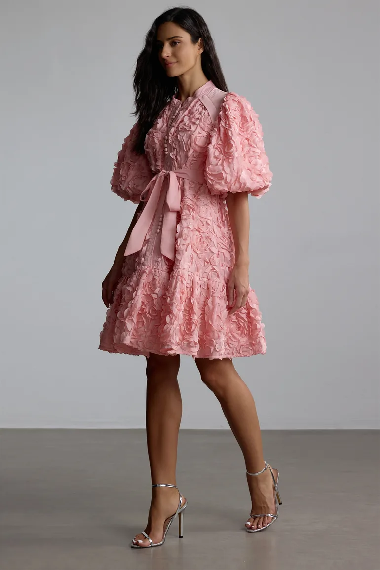 Emeline 3D Floral Balloon Sleeve Mini Dress - 3