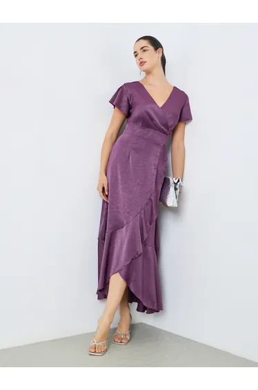 فستان ماكسي بتصميم لف بحواف كشكش - أرجواني