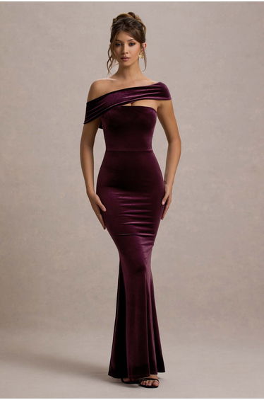 Candela | Port Velvet Asymmetric Bardot Maxi Dress