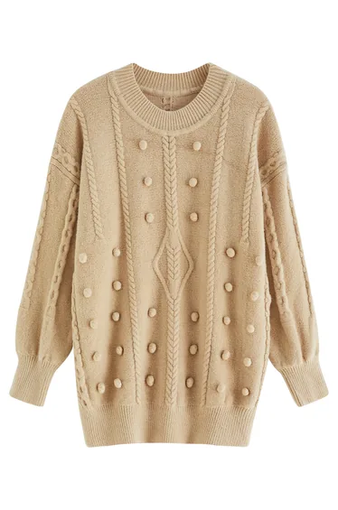 Pom-Pom Trim Cable Knit Sweater in Tan