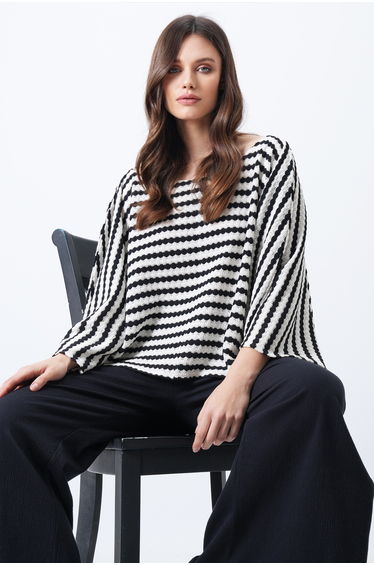 Women's Ecru Black Boat Neck Patterned Cape Cut Blouse