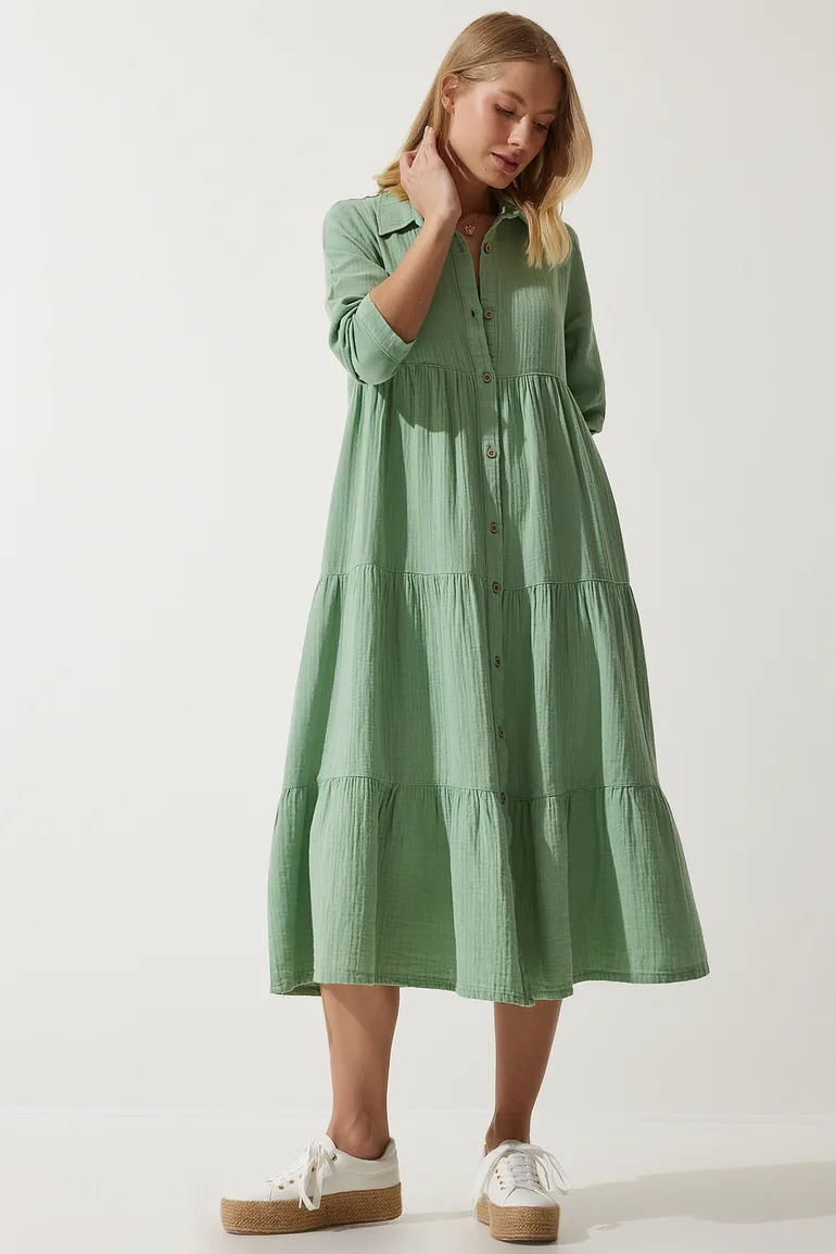 green muslin dress Bottle Green Checks Cotton Muslin Square Neck Midi Dress main image 1