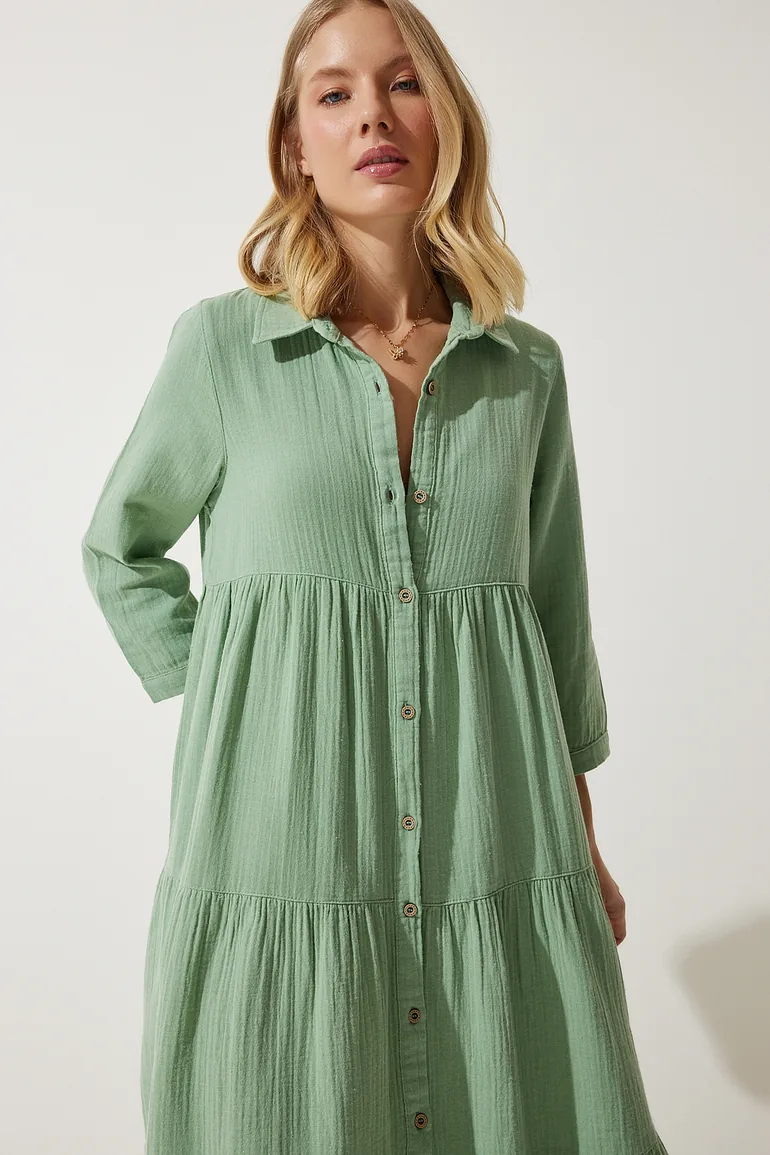 Shop Women's Green Muslin Flared Shirt Dress Online in Qatar