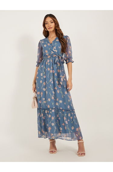 Floral Print Puff Sleeves A-Line Maxi Dress
