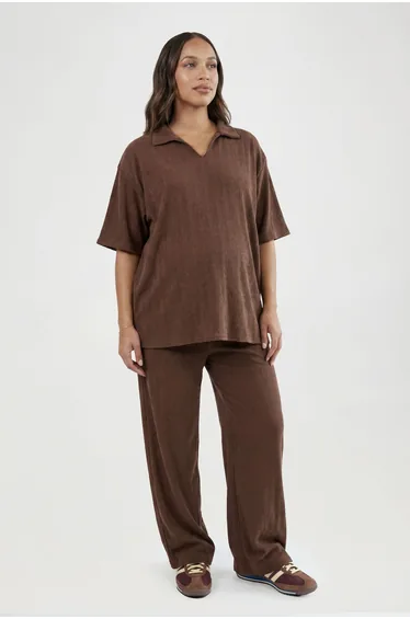 Maternity Short Sleeve Collar T-Shirt & Wide Leg Co Ord - chocolate