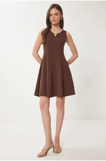 Women's Brown Flounce Mini Knitted Dress