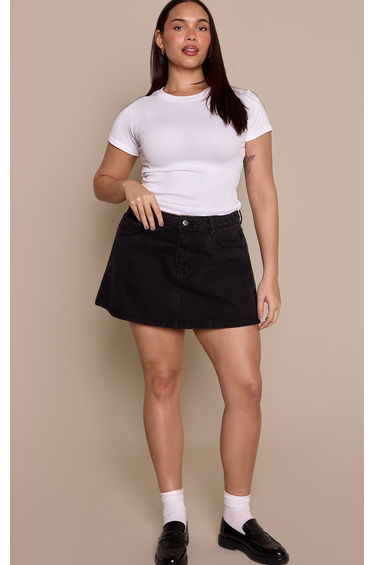 Plus Washed Black Mid Rise Classic Denim Mini Skirt