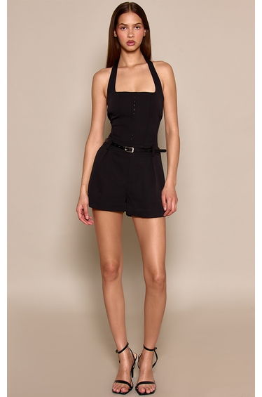 Black Tailored Corset Belt Detail Playsuit