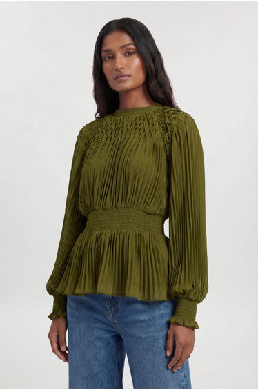 Placement Pleated Balloon Sleeve Blouse