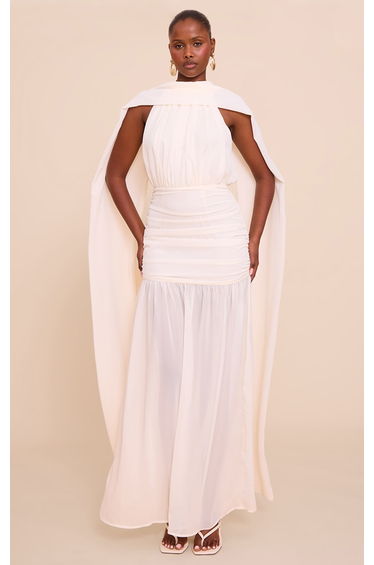 Cream High Neck Scarf Detail Ruched Maxi Dress