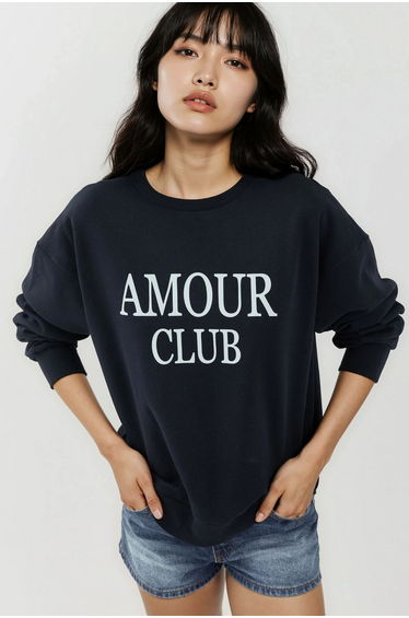 Printed Crew Neck Relaxed Fit Raised Sweatshirt