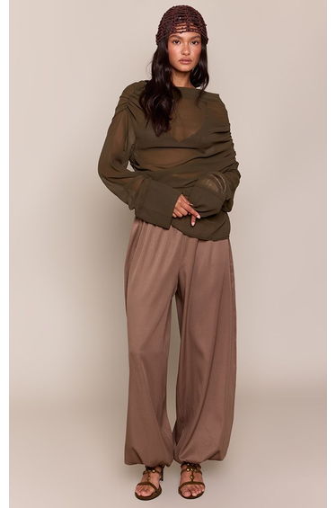 Khaki Chiffon Drape Long Sleeve Top