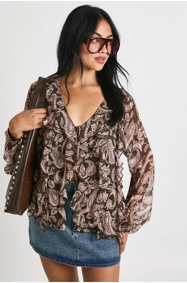 Paisley Ruffle Chiffon Blouse - brown