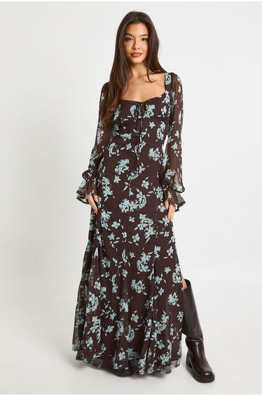 Floral Crinkle Chiffon Milkmaid Maxi Dress - chocolate