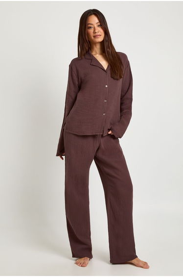Tall Muslin Long Sleeve Shirt & Trouser Pyjama Set - chocolate