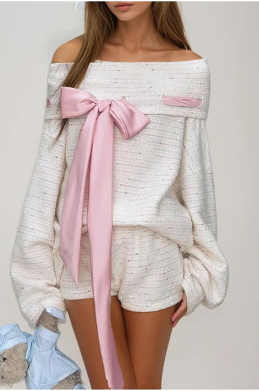Domitius Bow Knit Pants Set In Beige