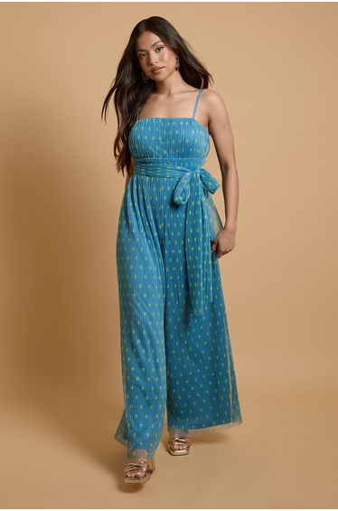 Petite Corset Detail Pleated Mesh Jumpsuit