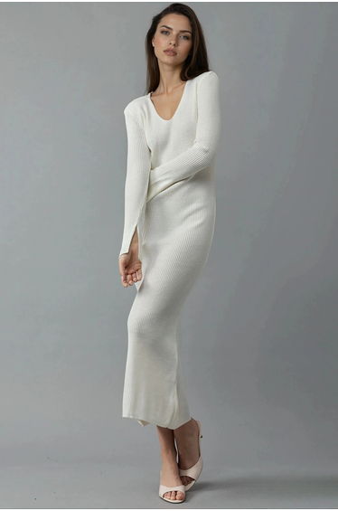 MY FASHION V-Neck Textured Knit Dress with Slit