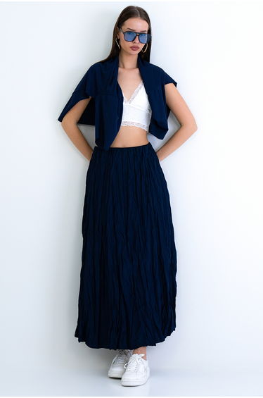 Women's Navy Blue Soft Crush Textured Midi Skirt