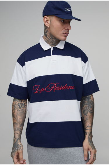 Tall Oversized La Residence Embroidered Stripe Rugby Polo - navy