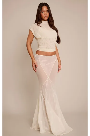 Cream Chiffon Sheer Godet Maxi Skirt