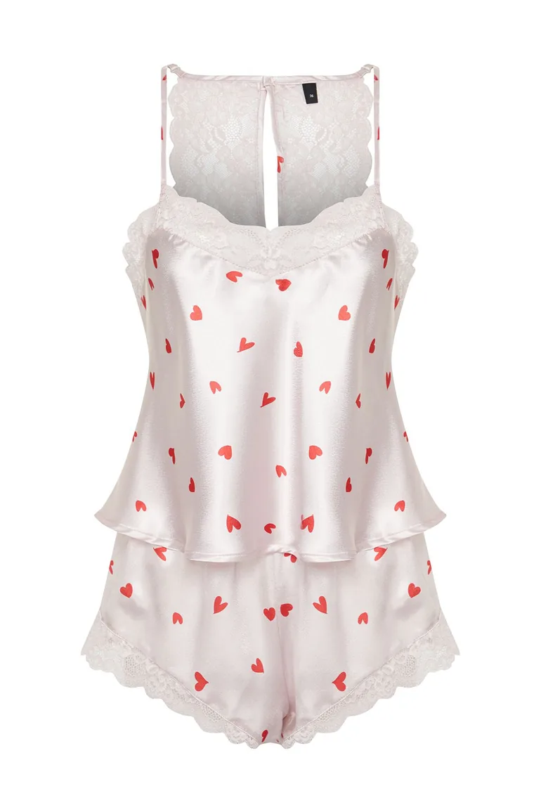 Powder Satin Heart Lace Detailed Undershirt-Shorts Woven Pajama Set - 5