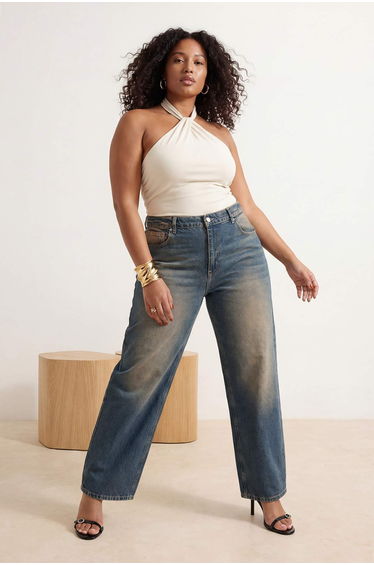 More Sustainable Dark Blue Elastic Waist 100% Cotton Non-Stretch Loose Baggy Jeans