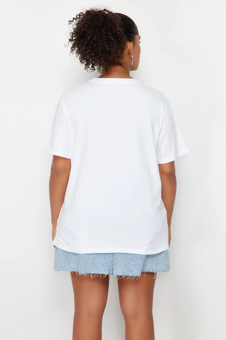 White Button Detailed Knitted T-shirt - 5