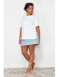 White Button Detailed Knitted T-shirt