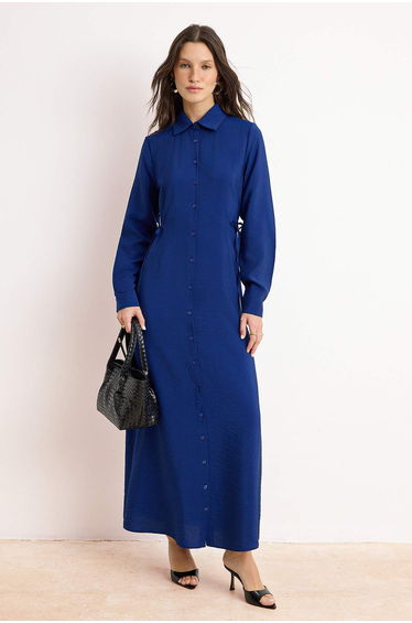 Navy Blue Unlined Plain Woven Lilyum Hijab Dress