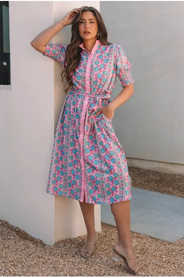 Lvness Pink Floral Shirred Puff Sleeve Buttoned Front Midi Dress with Sash